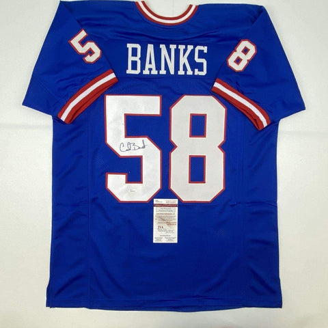 Autographed/Signed CARL BANKS New York Blue Football Jersey JSA COA Auto