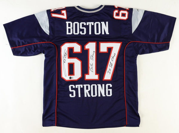 Joe Andruzzi Signed Patriots Jersey "Boston Strong" & "3xSB Champs" (Beckett) OG
