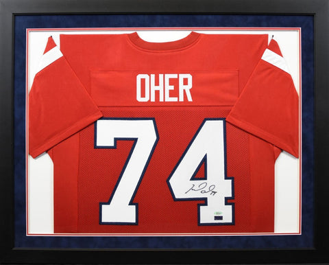MICHAEL OHER AUTOGRAPHED OLE MISS REBELS #74 RED FRAMED JERSEY COA