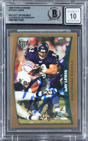 Ravens Ray Lewis Signed 1998 Topps Chrome #72 Card Auto Graded 10! BAS Slabbed