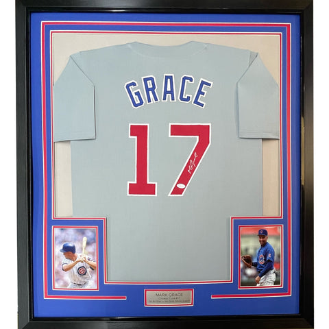 FRAMED Autographed/Signed MARK GRACE 35x39 Chicago Grey Jersey JSA COA