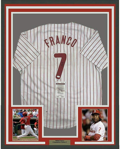 Framed Autographed/Signed Maikel Franco 33x42 Philly Pinstripe Jersey JSA COA