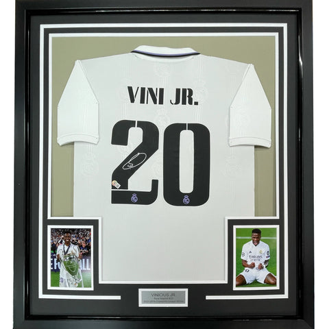 Framed Autographed/Signed Vini Vinicius Jr. 33x42 2022-23 White Jersey BAS COA