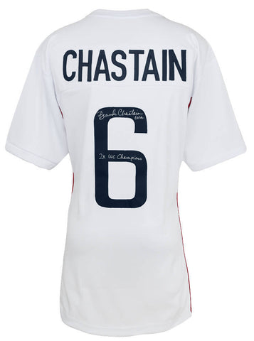 Brandi Chastain Signed White Custom Soccer Jersey w/2x WC Champs -(SCHWARTZ COA)
