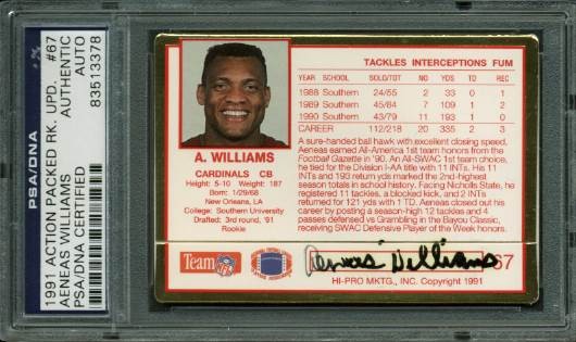 Cardinals Aeneas Williams Signed Card 1991 Action Packed #67 PSA/DNA Slabbed