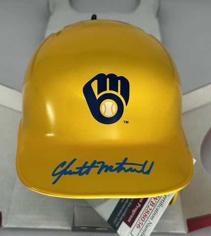 Brewers Outifelder GARRETT MITCHELL Signed Rawlings YELLOW Mini Helmet AUTO JSA