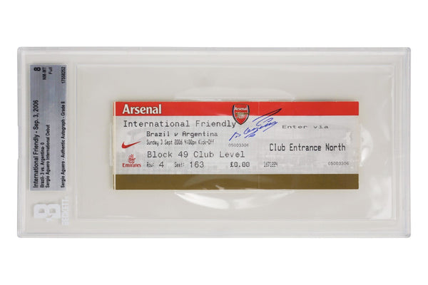 Sergio Aguero Signed 2006 Argentina Pro Debut Match Ticket - BGS 8