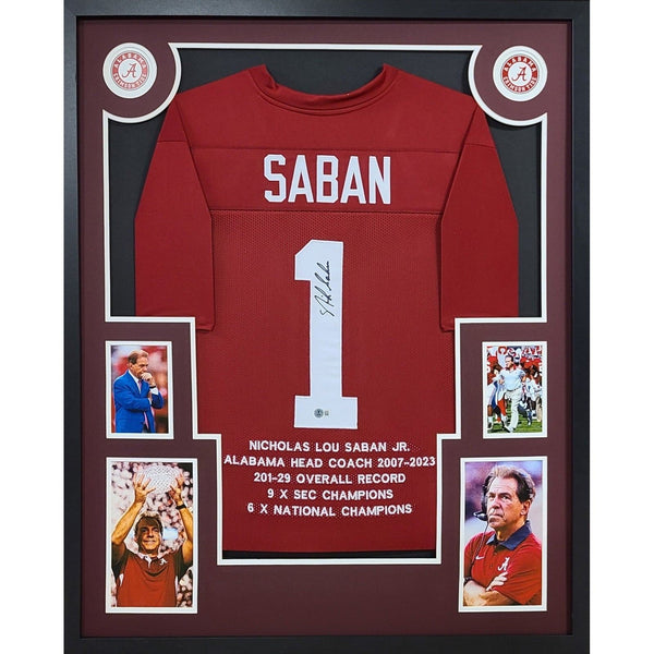 Nick Saban Stat Autographed Signed Framed Alabama Jersey BECKETT