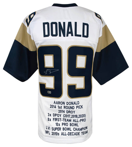 Aaron Donald Signed White Custom Embroidered Stat Football Jersey -(BECKETT COA)