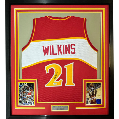 FRAMED Signed DOMINIQUE WILKINS 35x39 Atlanta Red Jersey PSA COA
