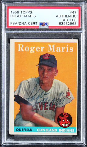 Yankees Roger Maris Signed 1958 Topps #47 Card Auto Graded NM-MT 8! PSA Slabbed