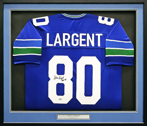 SEAHAWKS STEVE LARGENT AUTOGRAPHED FRAMED BLUE JERSEY "HOF 95" MCS HOLO 218636