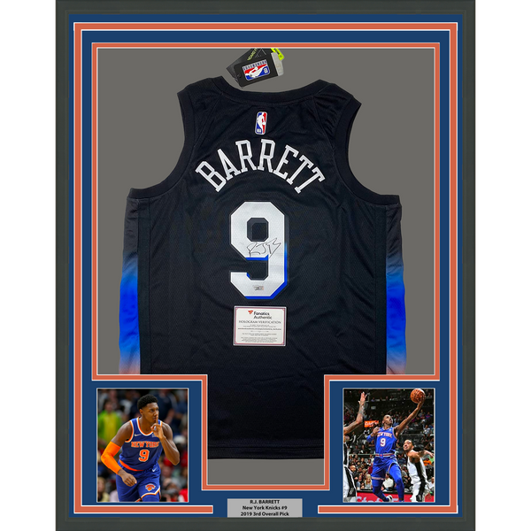 Framed Autographed/Signed R.J. Barrett 33x42 Knicks Black Jersey Fanatics COA