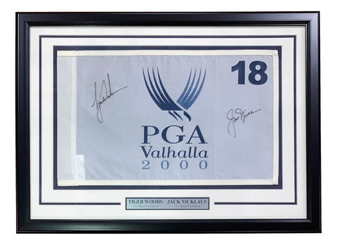 Tiger Woods Jack Nicklaus Signed Framed 2000 PGA Valhalla Golf Flag JSA LOA