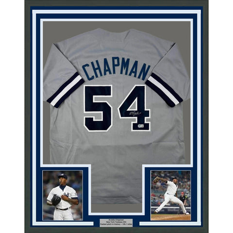Framed Autographed/Signed Aroldis Chapman 33x42 New York Grey Jersey BAS COA