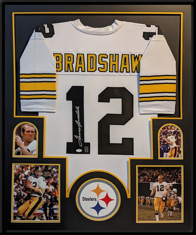 FRAMED PITTSBURGH STEELERS TERRY BRADSHAW AUTOGRAPHED SIGNED JERSEY JSA COA