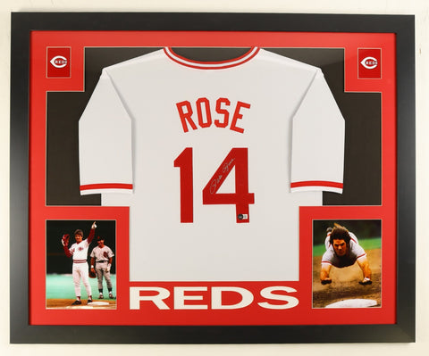 Pete Rose Signed 35x43 Framed Cincinnati Reds Jersey (Beckett) All Time Hit King