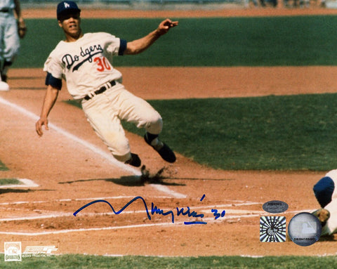 Maury Wills Signed Dodgers Sliding Into Home 8x10 Photo - (SCHWARTZ COA)