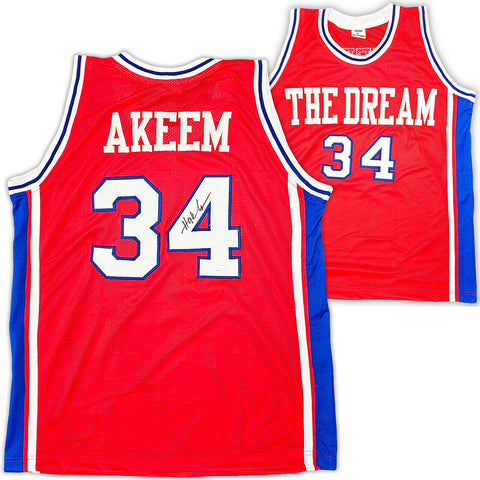 HOUSTON COUGARS HAKEEM OLAJUWON AUTOGRAPHED SIGNED RED JERSEY JSA STOCK #215696