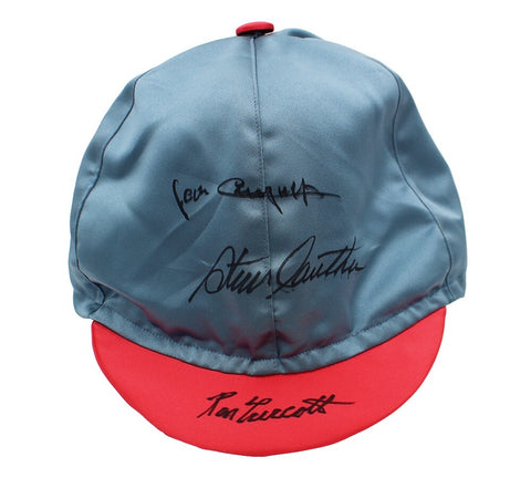Ron Turcotte, Steve Cauthen & Jean Cruguet Signed Triple Crown Silk Blue/Red Hat