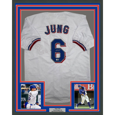 Framed Autographed/Signed Josh Jung 35x39 Texas White Jersey Beckett COA