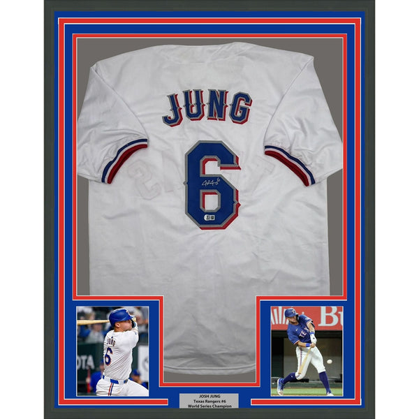 Framed Autographed/Signed Josh Jung 35x39 Texas White Jersey Beckett COA
