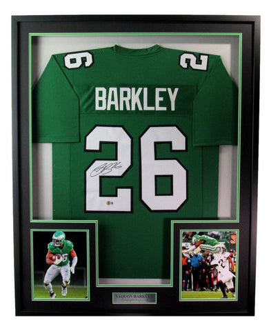 Saquon Barkley Signed/Auto Eagles Green Football Jersey Framed Beckett 194416