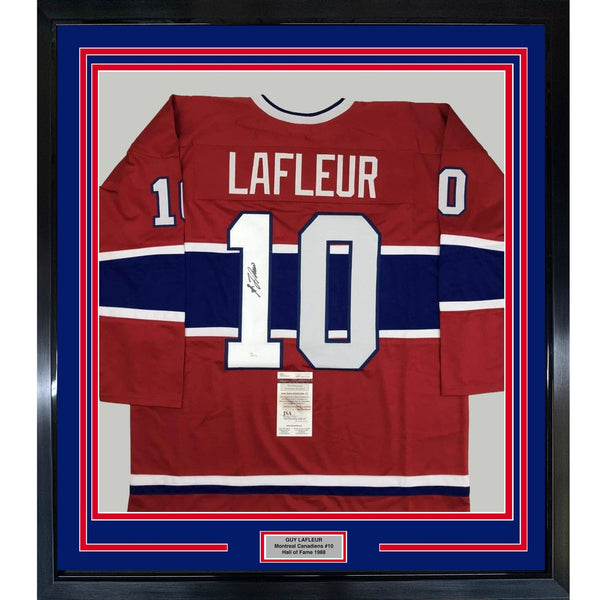 Framed Autographed/Signed Guy LaFleur 35x39 Montreal Red Jersey JSA COA