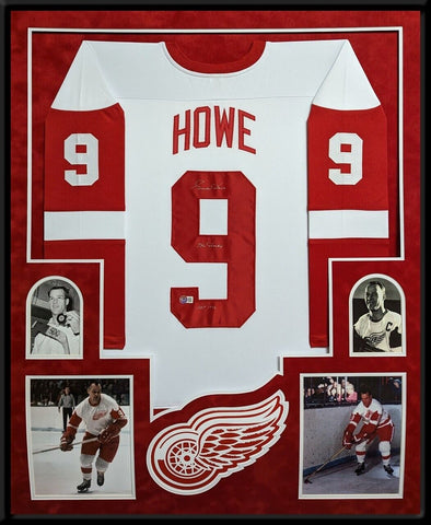 SUEDE FRAMED DETROIT RED WINGS GORDIE HOWE AUTOGRAPHED INSCRIBED JERSEY BECKETT
