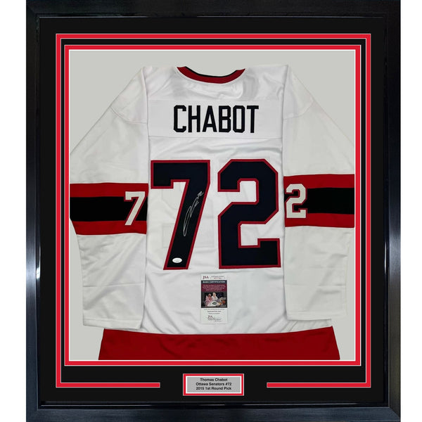 Framed Autographed/Signed Thomas Chabot 35x39 Ottawa White Jersey JSA COA