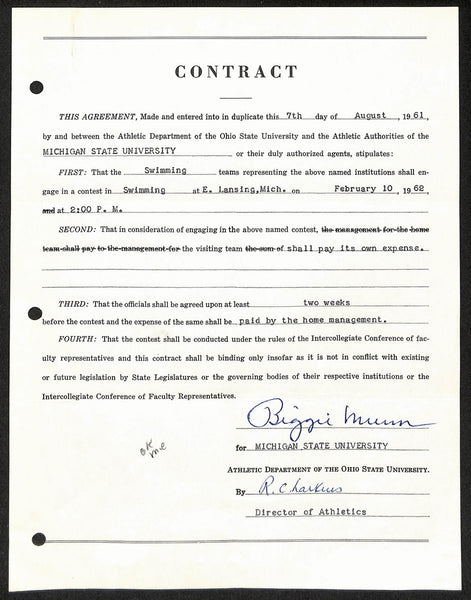 Biggie Munn HOF Michigan State Head Coach Signed/Auto Contract JSA BA199670