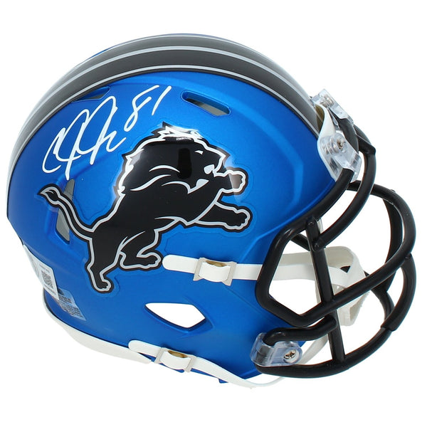 Calvin Johnson Autographed Detroit Lions Blue 2024 Speed Mini Helmet Beckett