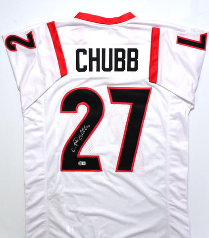 Nick Chubb Autographed White College Style Jersey *2- Beckett W Hologram *Silver