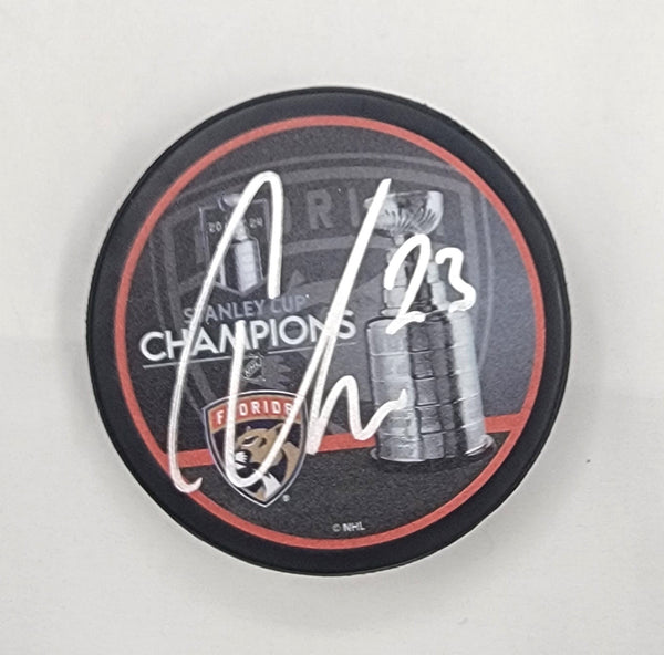 Carter Verhaeghe Signed Florida Panthers 2024 Stanley Cup Hockey Puck Beckett