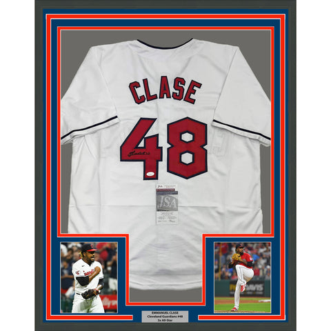 Framed Autographed/Signed Emmanuel Clase 35x39 Cleveland White Jersey JSA COA