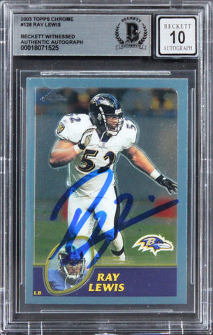 Ravens Ray Lewis Signed 2003 Topps Chrome #128 Card Auto Graded 10! BAS Slabbed