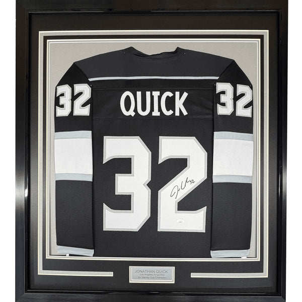 Framed Autographed/Signed Jonathan Quick 35x39 Los Angeles LA Black Jerse