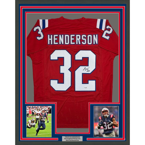 Framed Autographed/Signed TreVeyon Henderson 35x39 NE Red Jersey JSA COA