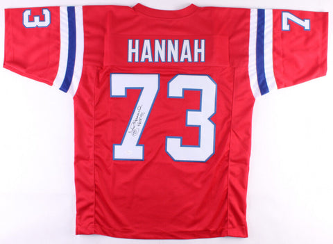 John Hannah Signed Patriots Jersey Inscribed HOF 91 (JSA COA) New England 73-85