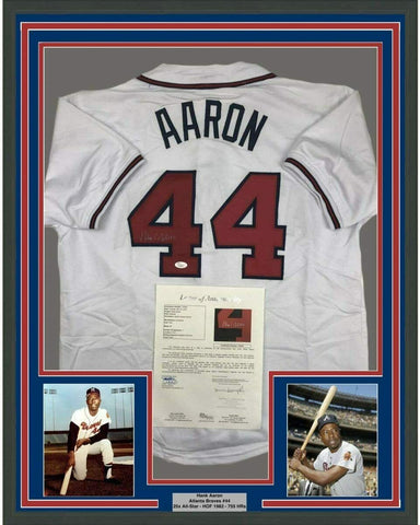 Framed Autographed/Signed Hank Henry Aaron 33x42 Atlanta White Jersey JSA COA