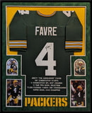SUEDE FRAMED GREEN BAY PACKERS BRETT FAVRE AUTOGRAPHED SIGNED STAT JERSEY JSA