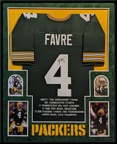 SUEDE FRAMED GREEN BAY PACKERS BRETT FAVRE AUTOGRAPHED SIGNED STAT JERSEY JSA