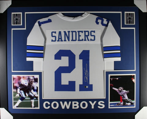 Deion Sanders Autographed Pro Style White XL Framed Jersey 35x43 Beckett 51237