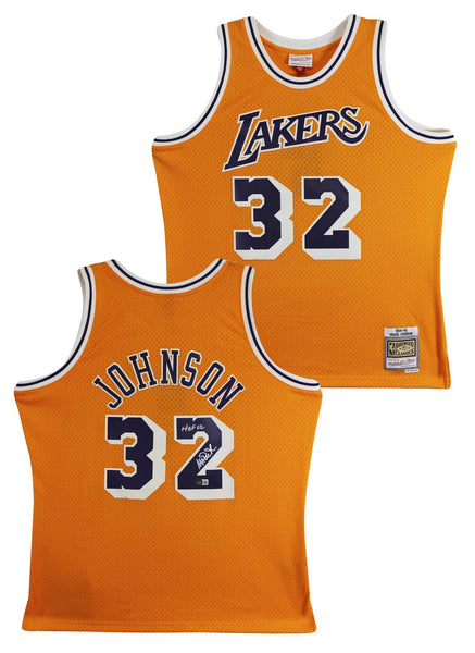 Lakers Magic Johnson "HOF 02" Signed Yellow M&N HWC Swingman Jersey BAS Wit 2