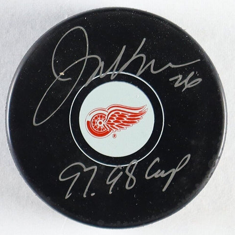 Joe Kocur Signed Detroit Red Wings Logo Puck Inscribed "97, 98 Cup" (JSA COA)