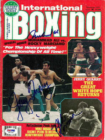 Muhammad Ali, Jerry Quarry & Rossman Autographed Magazine Cover PSA S01599
