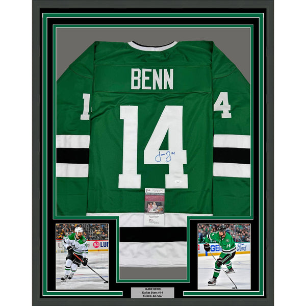 Framed Autographed/Signed Jamie Benn 35x39 Dallas Green Retro Jersey JSA COA