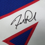 Framed Autographed/Signed Frank Reich 35x39 Buffalo Blue Jersey Beckett COA