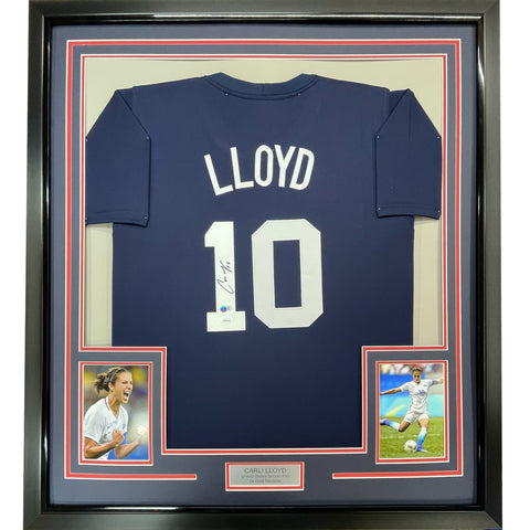 Framed Autographed Carli Lloyd 35x39 Navy Blue Team USA Jersey JSA COA