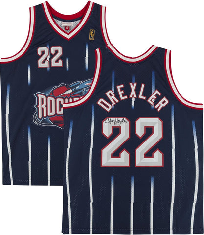 Clyde Drexler Houston Rockets Signed Navy 1995-96 Mitchell & Ness Jersey